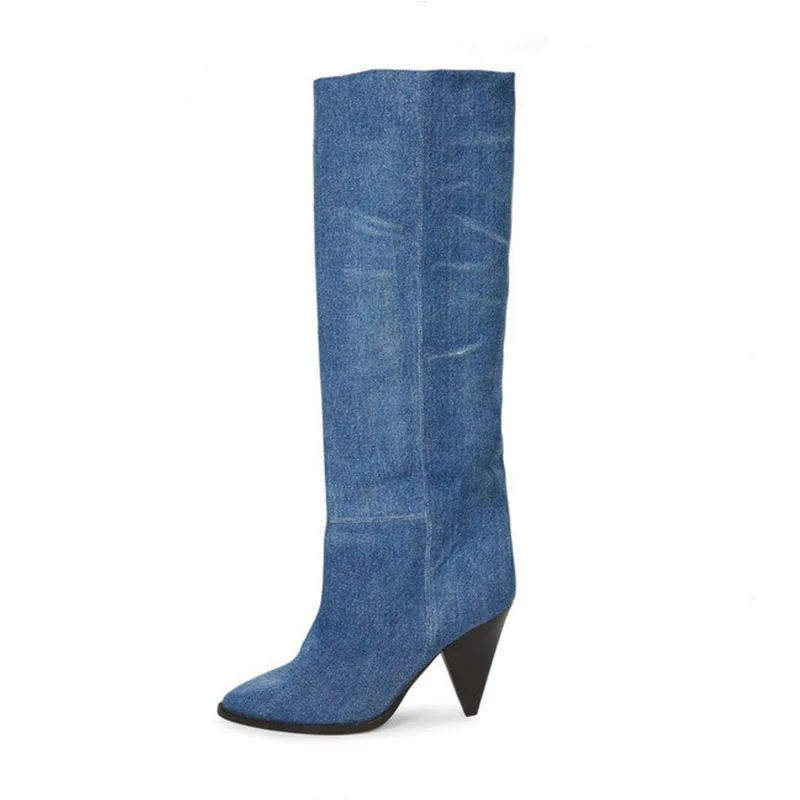 

Arden Furtado Simple style Pointed toe Tapered heel Slip-on Denim Knee high boots High-heel Modern boots Extra large size