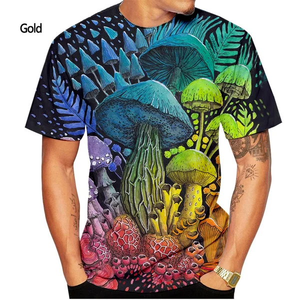 New fashion color-blocking mushroom 3D printing T-shirt men and women summer casual short-sleeved T-shirt top