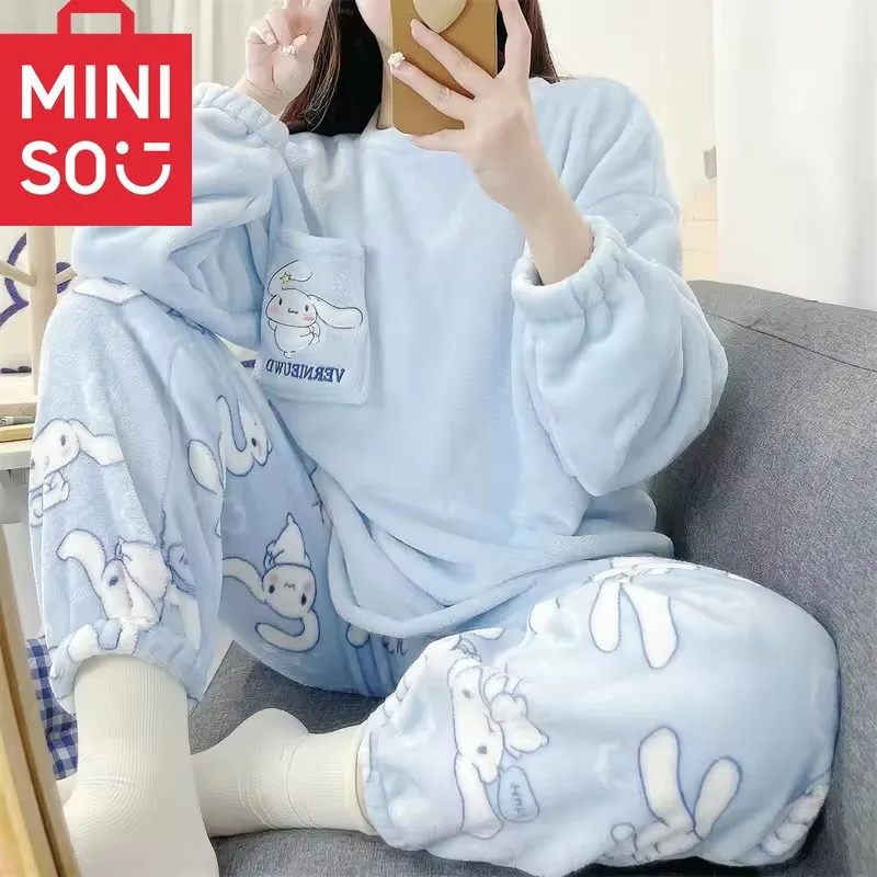 

MINISO Anime Cinnamoroll Pajamas Kawaii My Melody Flannel Pullover Coral Velvet Winter Warm Pajamas Homewear Girl Gifts