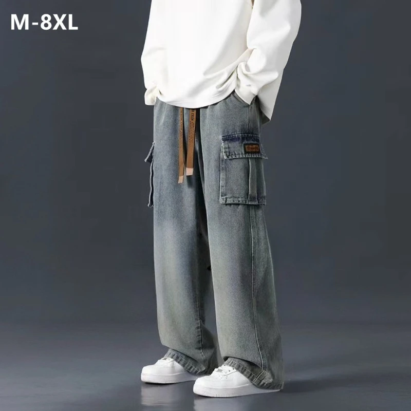 

Cargo Jeans Men Loose Straight Plus Size 6XL 7XL 8XL Boy Wide Leg Pants Male Hip Hop Oversized Large Sweatpants Denim Trousers