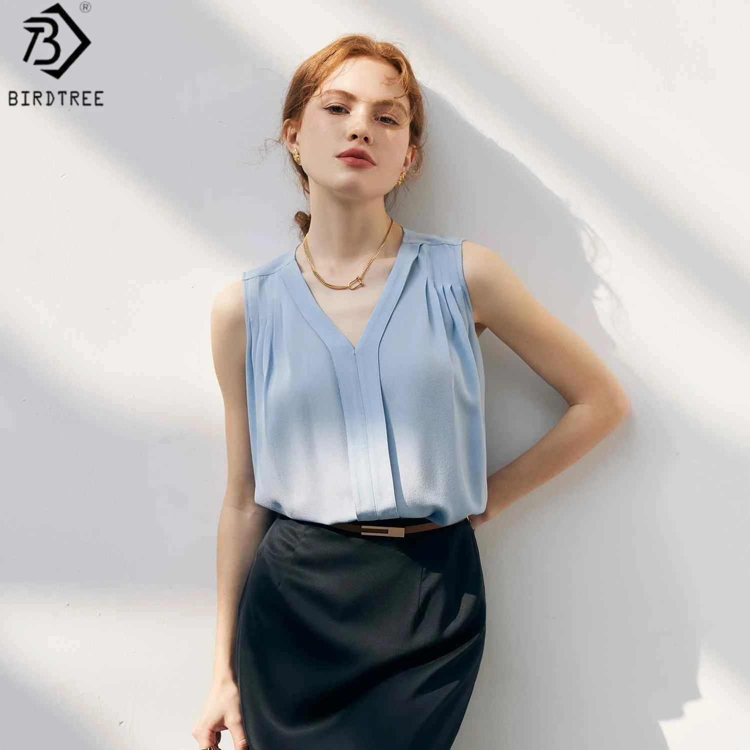 

Женская майка Birdtree, 19 мм, 90% натуральный шелк, 10% спандекс, однотонная, с V-образным вырезом, без рукавов, Double Qiao, весна 2026, новинка T61810JF