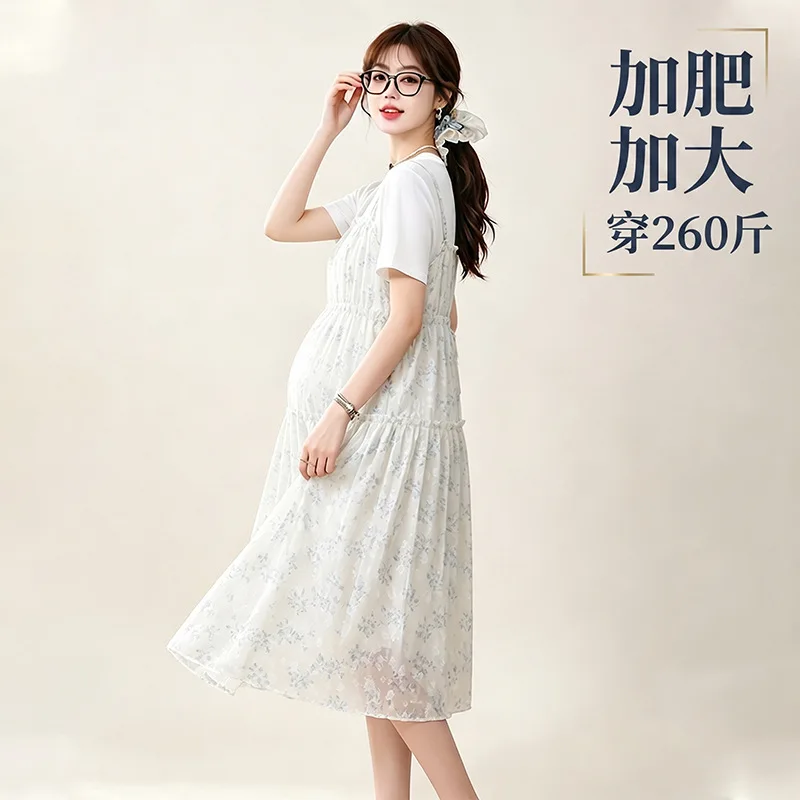 2026 New Plus Size Maternity Dress Sweet Faux Two-piece Short Sleeve Spliced Floral Chiffon Dress, Stylish Summer Outfit Women