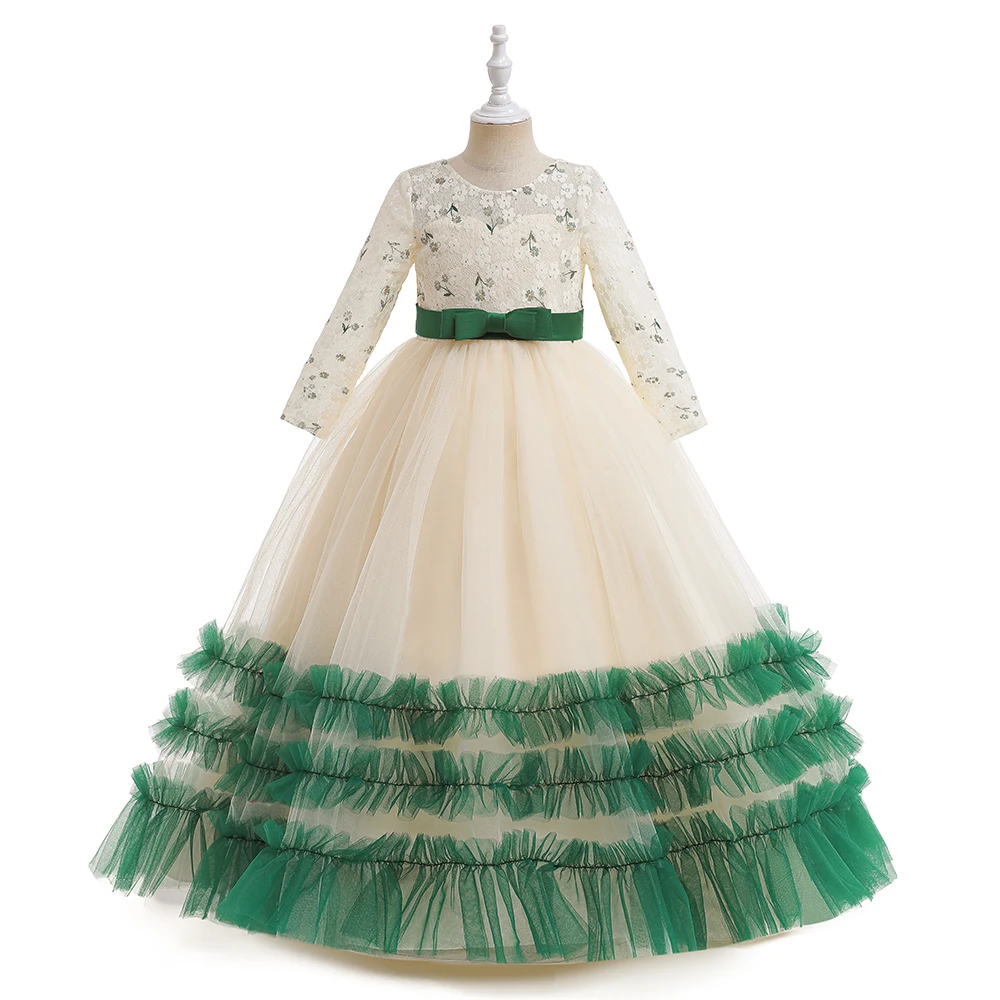 Elegant Girls Green Bow Christmas Carnival Tulle Clothes Kids New Birthday Baptism Party Dresses Children Daily Holiday Costume