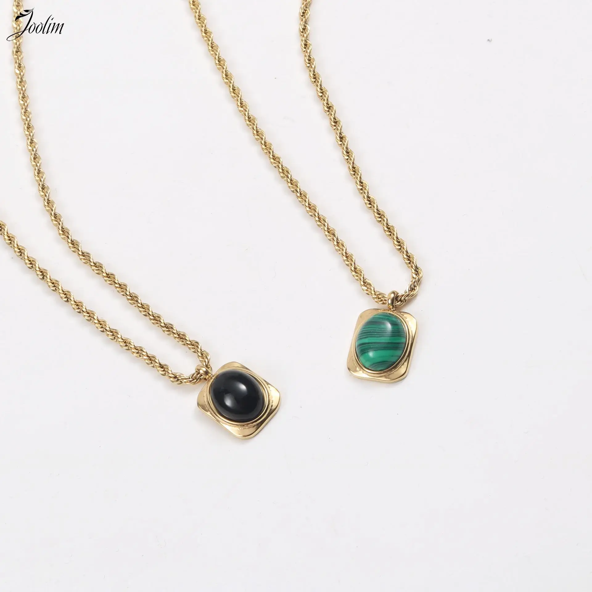 

Joolim Jewelry Wholesale PVD No Fade Retro Green Black Oval Agate Pendant Stainless Steel Necklace For Women