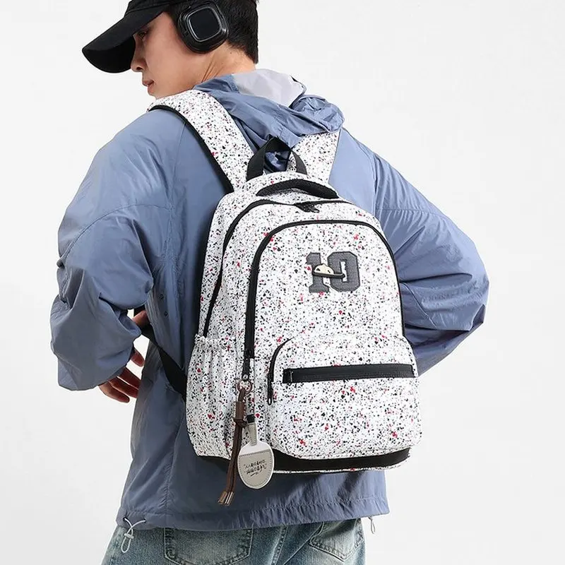White Black Red Splatter Pattern Backpack for Teens Boys Girls Cute School Daypack with Front Pocket and Pendant for Travel