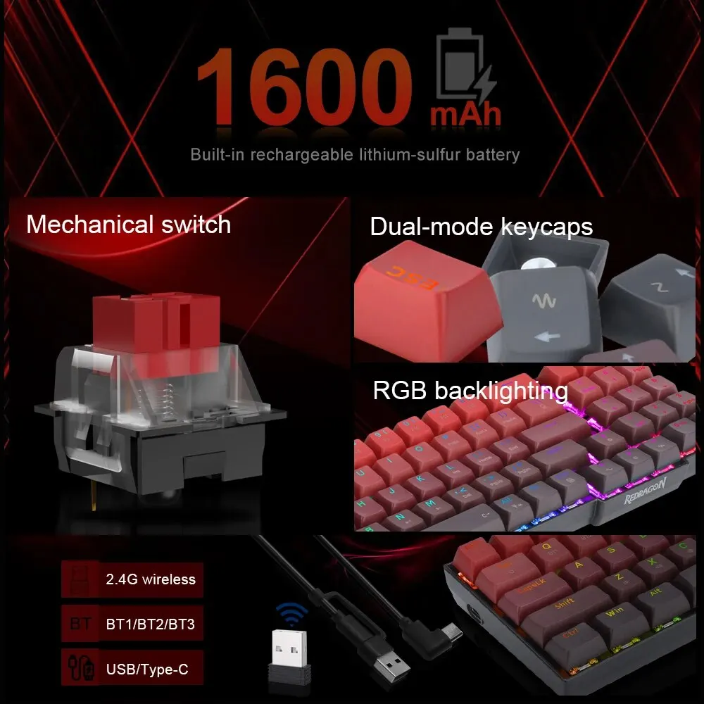 REDRAGON GALIO PRO K637 RGB USB Mechanical Gaming Keyboard Support Bluetooth Wireless 2.4G Gamer 78 Keys for Computer PC Laptop