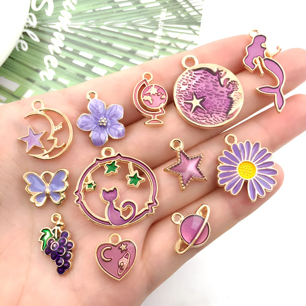 31pcs Fashionable And Versatile Diy Mixed Purple Cute Cartoon Drip Oil Alloy Bow Moon Pendant Suitable For Bracelet/Necklace/Ear