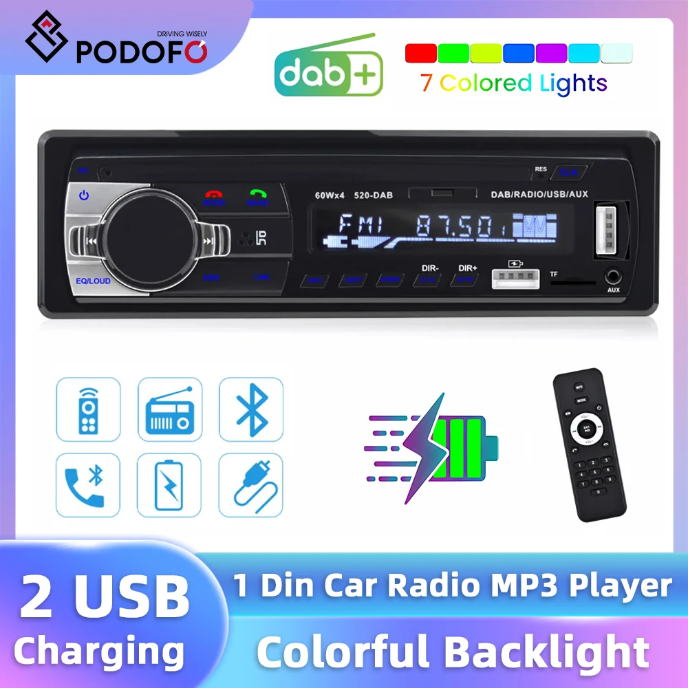 Podofo 1DIN In-Dash MP3 Player DAB Digital Bluetooth Car Radio Stereo 12V FM Audio Stereo USB/SD AUX-IN Car Autoradio