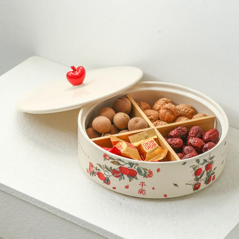 Ceramic Fruit Tray for Living Room, Household Tea Table, Snack Tray, Nuts and Dried Fruit Box with Lid, New Creative Divided Can