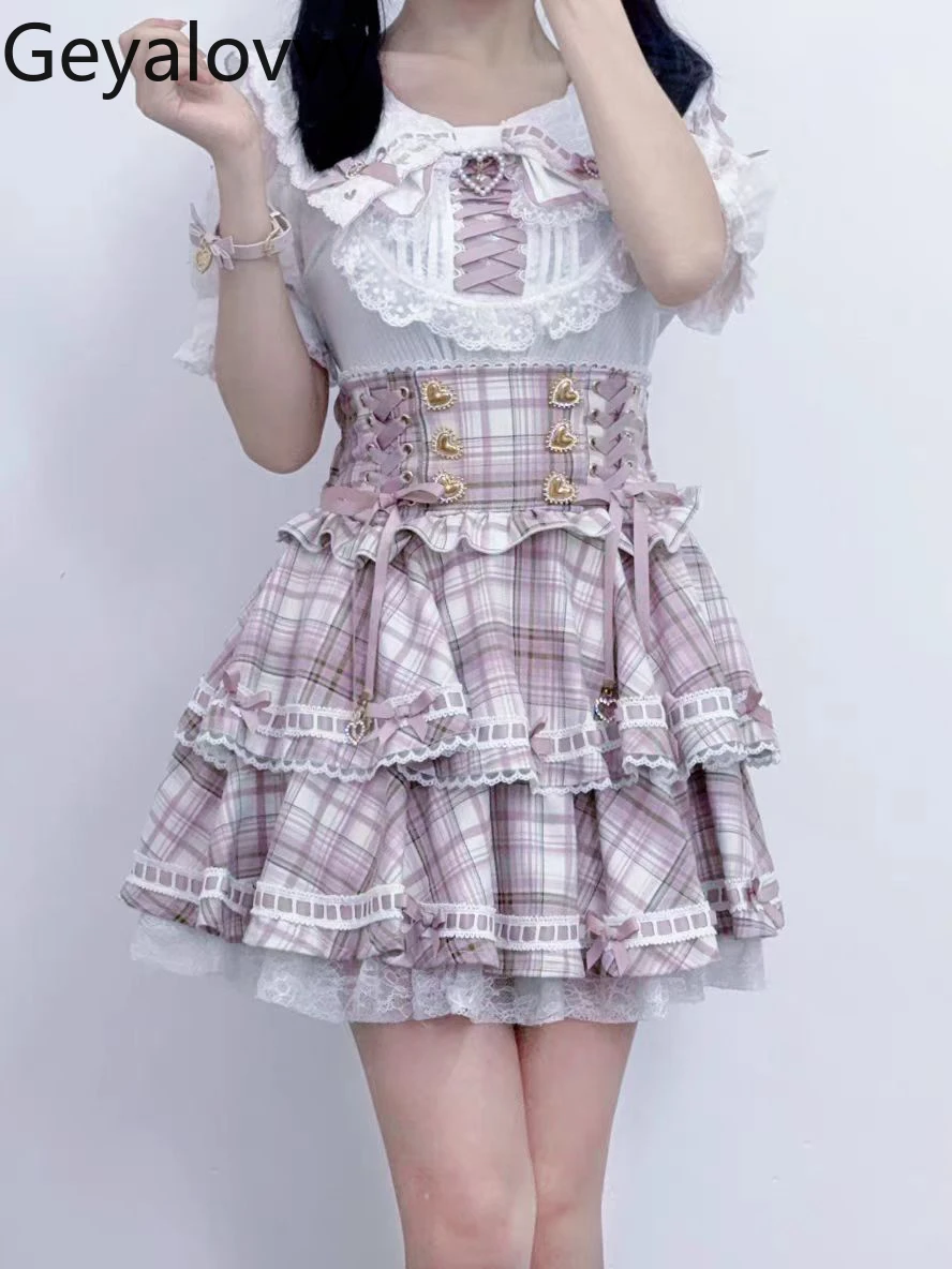 

Japanese Sweet Plaid Ribbon Bow Cake Skirt Shorts Spring Summer New JSK Cute Girls Versatile High Waist Short Suspender Skirts