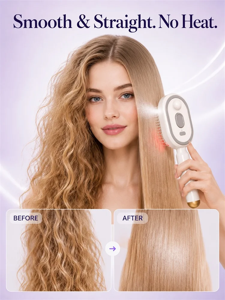 Electric No Heat Hair Straightener Brush with Fine Mist Spray Red Light Therapy Straightening Scalp Massage Wireless Fast Charge