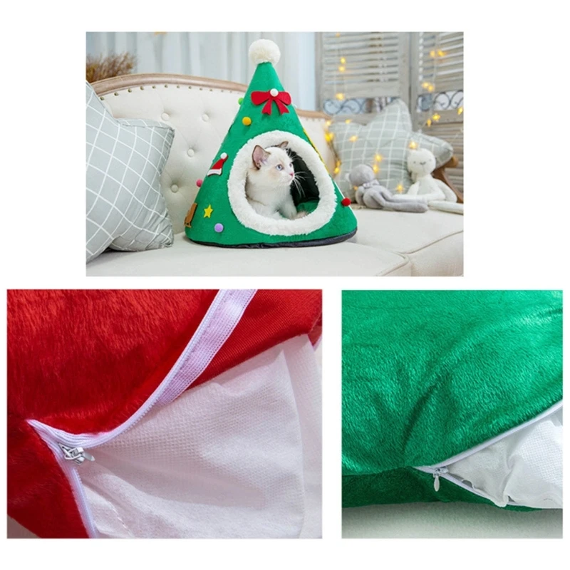 Christmas Tree Cave Bed Tent for Indoor Small to Large Cats Machine Washable Ultra-Soft Cushion Dropship