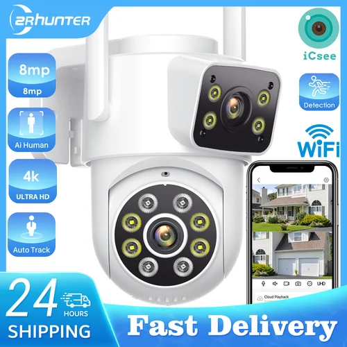 Imagen 1 del producto Cámara Wifi para exteriores de 8MP, 4K, doble lente, cámara IP PTZ de seguridad, lente con Zoom Digital 5X, cámara de seguimiento de detección automática impermeable IP66 humana