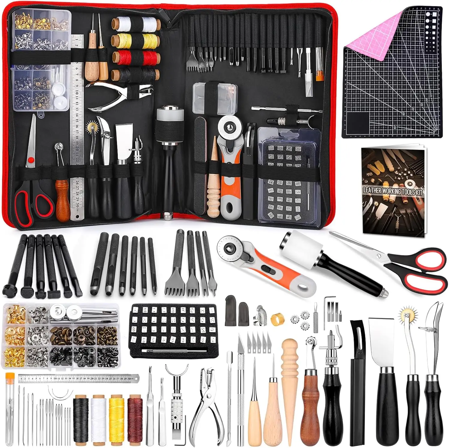 

415 PCS Leather Crafting Kit with Punching, Sewing, Stamping & Sanding Tools for Professional Leatherwork