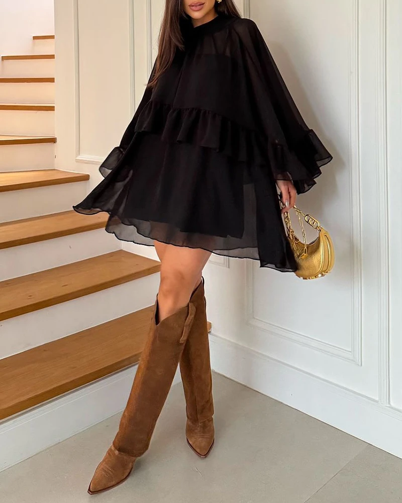 

Элегантный шикарный женский модный комплект из 2 предметов, многослойное платье с вырезом в виде замочной скважины и рукавами-колокольчиками — модно и стильное