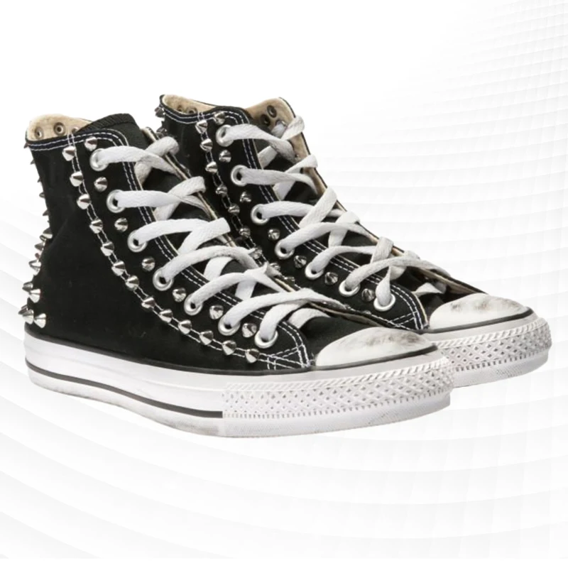 Original black rivet hip hop punk shoes handmade custom made old large size men\'s and women\'s high top canvas sneakers 35-46