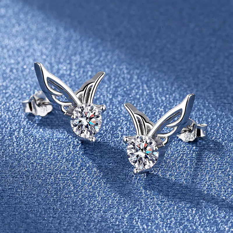 Solid 925 Sterling Silver New High Quality Jewelry Crystal Angel Wings Stud Earrings For Women XY0223