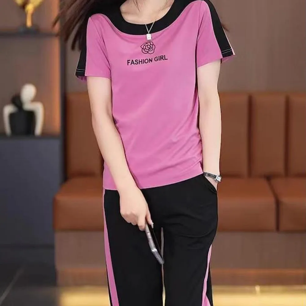 Leisure Sportswear Suit For Women Matching Sets Summer 2024 New Loose Fitting Outfits Fashion Short Sleeved Tops Pants Two Piece