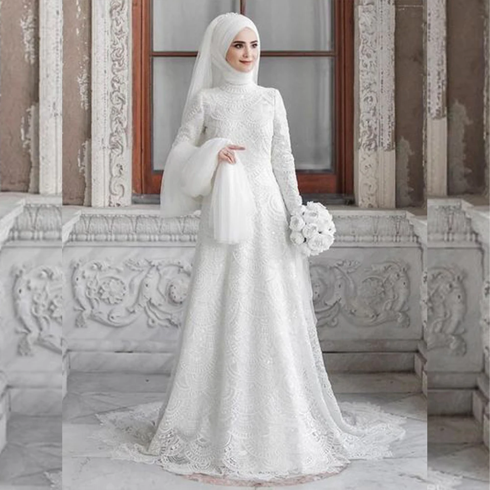 

Lace Wedding Dresses for Muslim Bride with Hijab High Neck Long Sleeve A-Line Sweep Train Sequined Bridal Gowns Customized