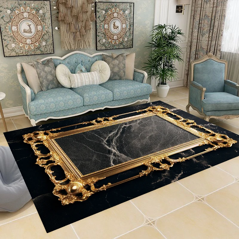 

Luxury Black Gold Large Rugs for Living Room European Textures Pattern Hall Carpet Decoration Sofa Area Rug Non-slip Floor Mat