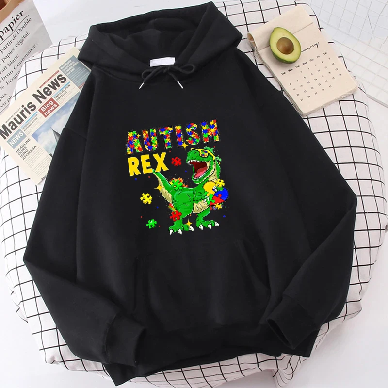 Hoodies de dinossauro unisex, camisolas de manga comprida, Outerwears, roupas Y2K, consciência do mês do autismo, Rex, outono, inverno