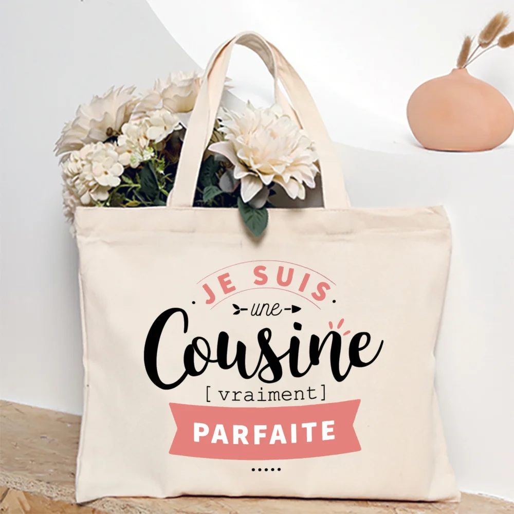 French Cousines Print Canvas Shoulder Bag Female Shopping Tote Women Travel Handbags Eco Reusable Storage Pouch Gifts for Cousin