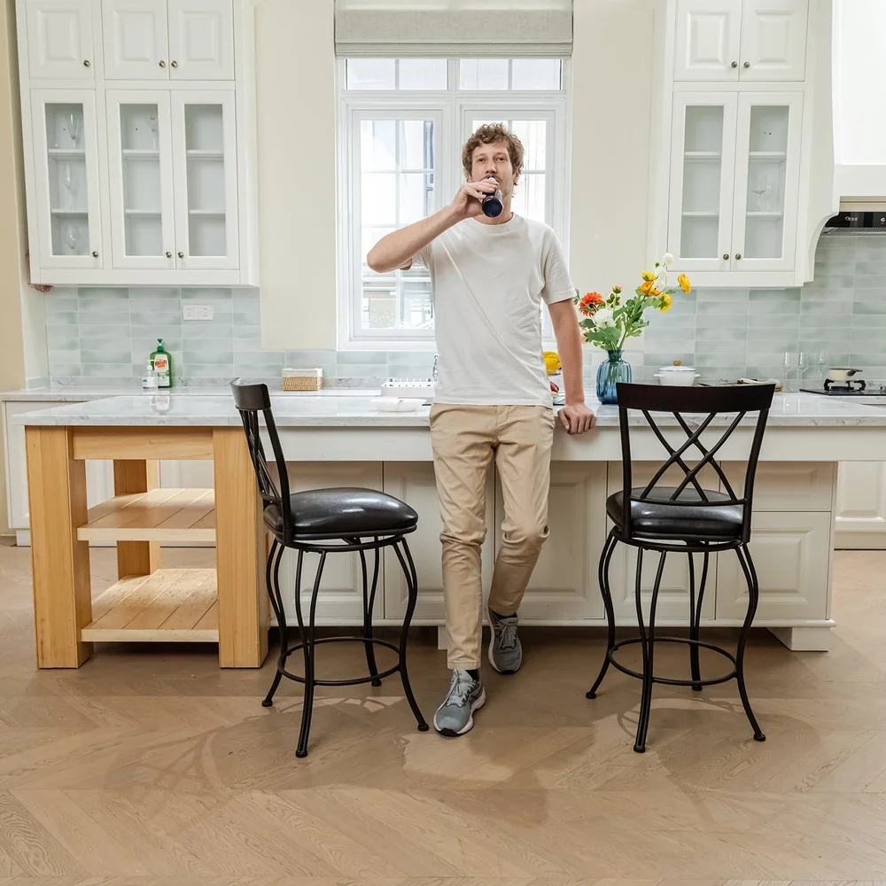 Swivel Bar Stools Set of 2 Padded Kitchen Dining Counter Stools with Metal Frame and Lattice Backrest Indoor Use