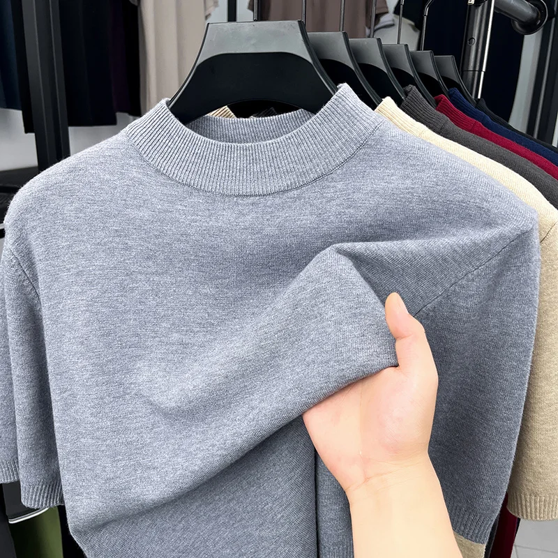 Herren Einfarbige Mock-Neck Kurzarm-Strick-T-Shirts Lässige Basis-Oberteile Weich Dehnbar Knitterfrei Für Alle Jahreszeiten Geeignet – Detail 5