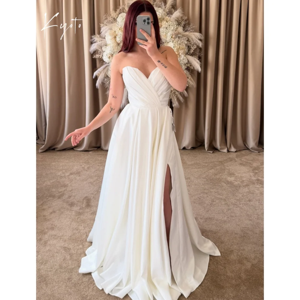 

Kyoto Customized Ivory Strapless Pleated Sleeveless Wedding Dress Waist Side High Split فستان زفاف Sweep Train Abito da sposa