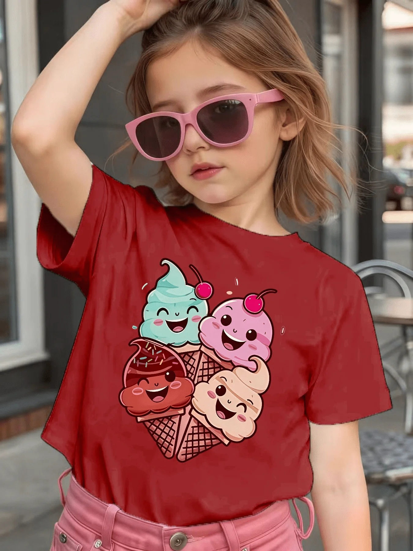 Smiley Cherry Ice Cream Cone Print Kids T Shirt Boys Girls Family Match Cotton Short Sleeve Summer Children Casual Basic Wear