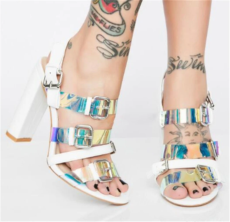 

Fashion Laser Colorful PVC Straps Buckles Chunky Heel Sandals White Black Suede Fluorescent Straps High Heel Sandalias