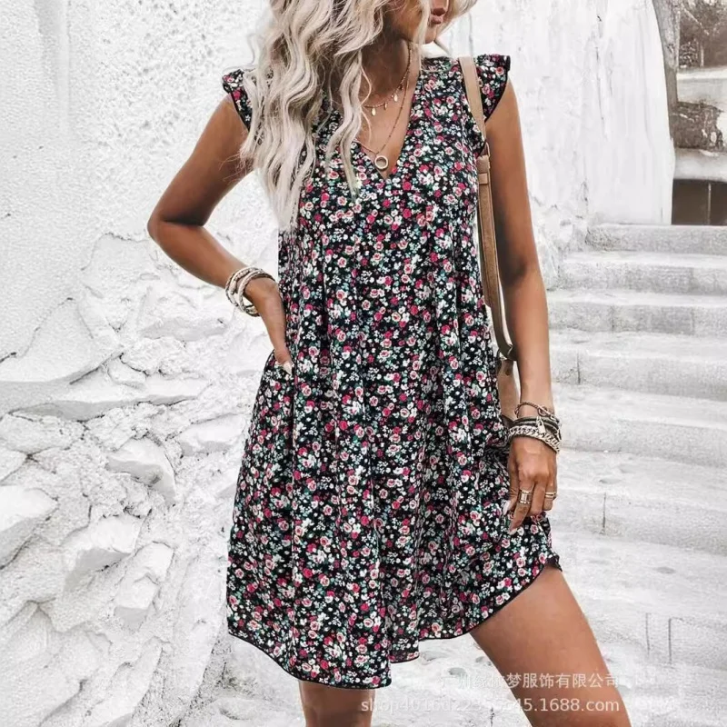 European and American Summer-Border Women's Clothing New Floral Print Ruffle Appliqués Blouse Lace-up Dress