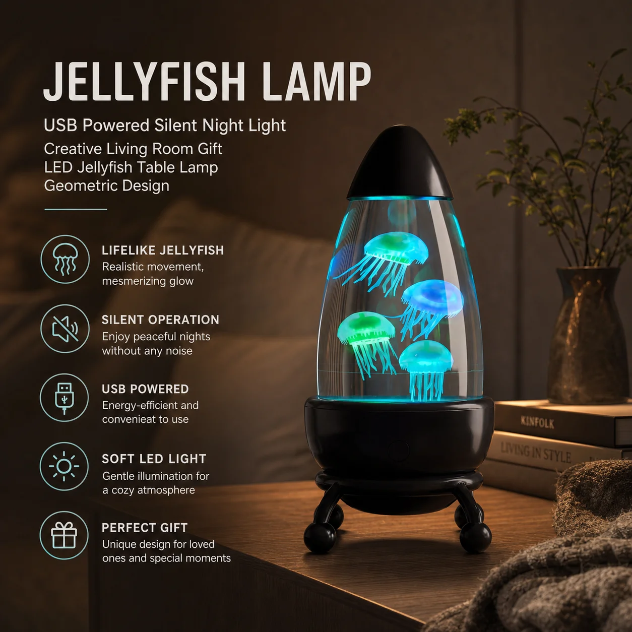 WWPPU Rocket Jellyfish Lava Lamp Geometric Aquarium Night Light Silent USB Animated Ocean Mood Light Desk Ornament