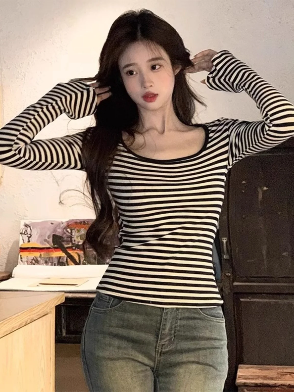 Retro Amerikaans gestreept lang Sve dames T-shirt met vierkante kraag Lente herfst lage kraag Slim Fit Base irt grote kraag top