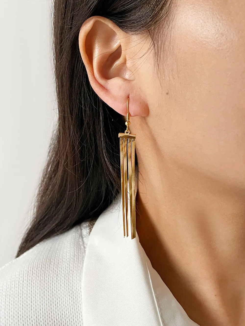 Peri'sbox Stainless Steel Long Tassel Earrings Collection 18K Gold Plated Geometric Herringbone Chain Dangling Fringe Jewelry