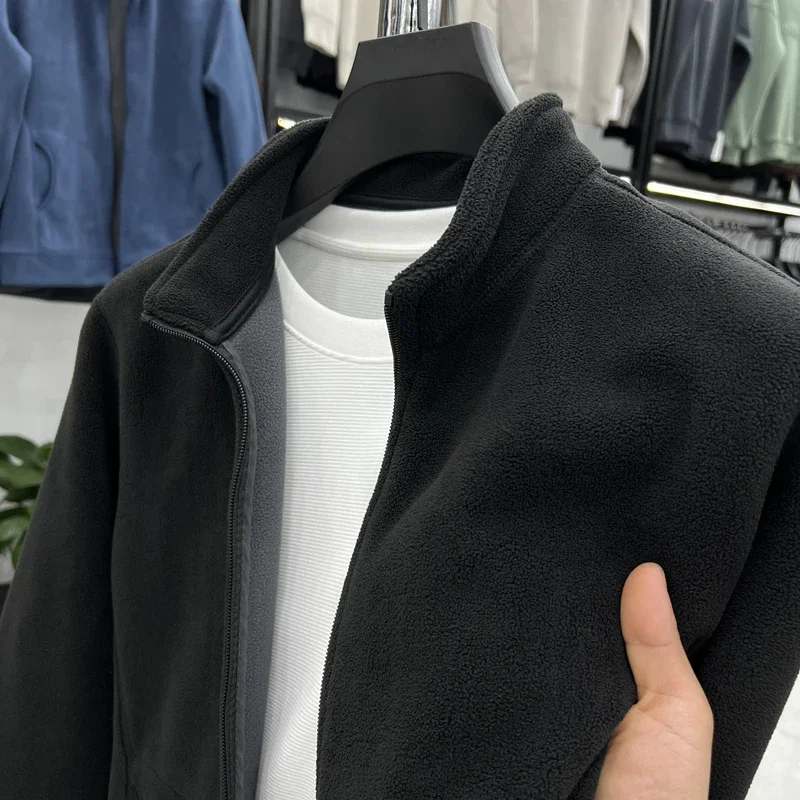 

New Hoodie Men's Stand Up Collar Zipper Cardigan Jacket for Work Wear Men's Thick Warm Fleece Solid Color Jacket