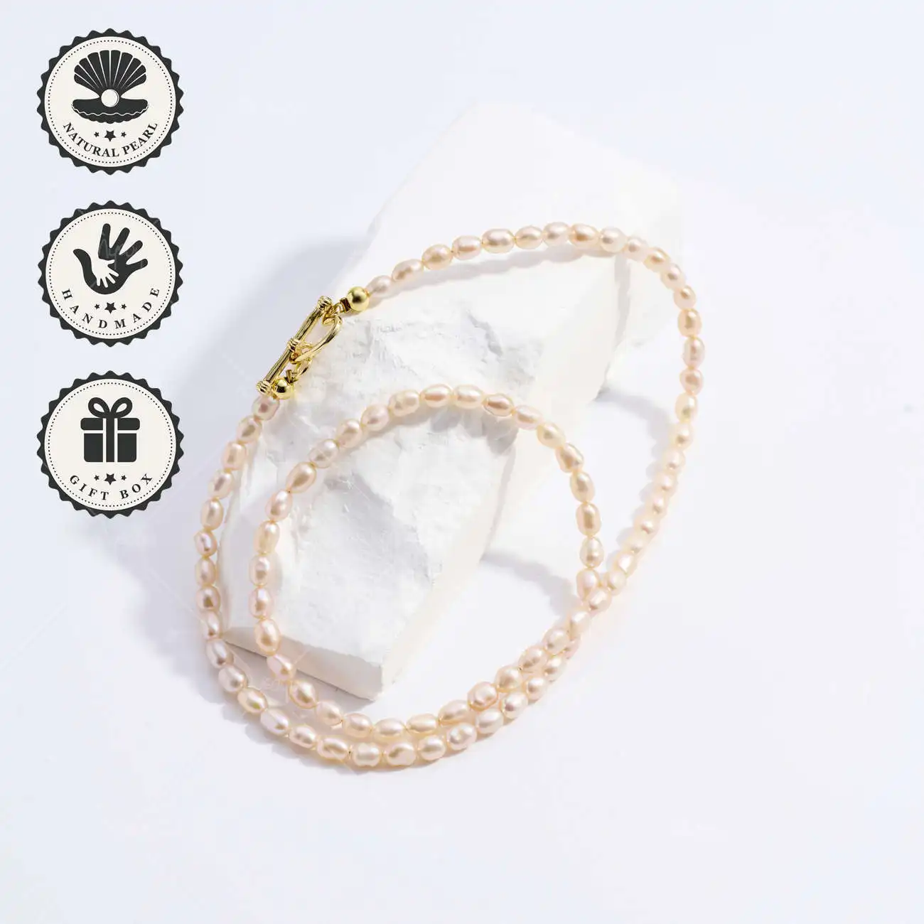 

MYSOYA Pink Rice Freshwater Pearl Necklace 6-7mm with Gold Heart Clasp, Gift Box, Ideal Birthday & Anniversary Gift