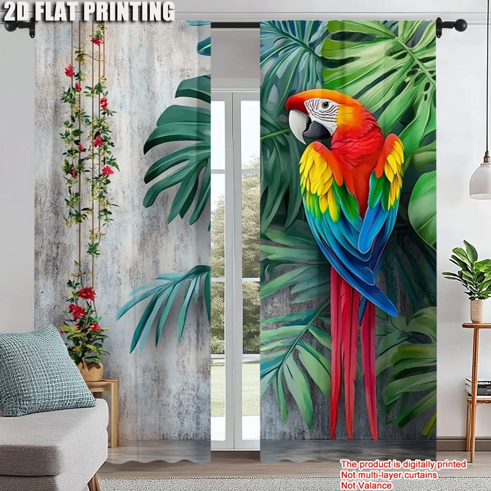 

2pc, Curtain Modern rainforest banana leaves and parrots Versatile Polyester,Without Electricity Birthday Party Use for Holiday