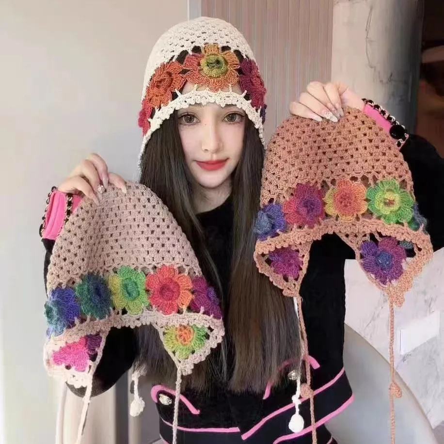 Women's Fashion Vintage Handmade Pullover Hat When Knitted Hat Ear Protector Strap Cap Colorful Flower Cap