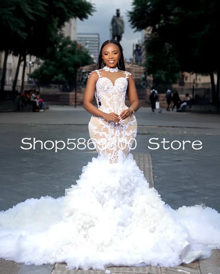 African Mermaid Long Wedding Dresses White Champagne Ruffles Chapel Train Aso Ebi Garden Bridal Gown Outfit Customsized