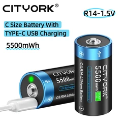 CITYORK 1.5V C Size Rechargeable Battery Type-c USB Charging LR14 R14 Li-ion Batteries for Flashlight Gas Cooker 100% Original