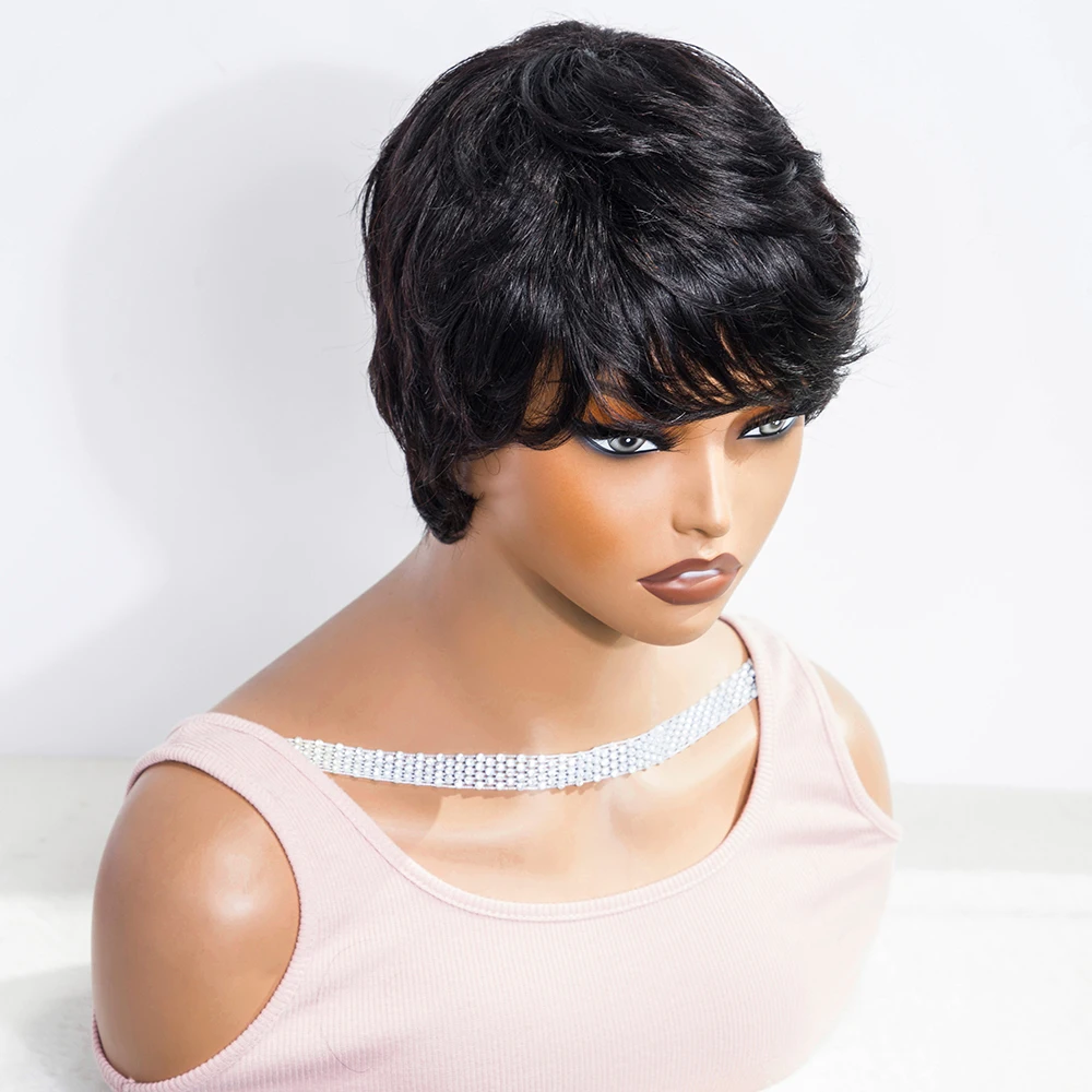 Human Hair Wig Texture Short Wig&Bangs Pixie Cut Wigs For White Women Full machine made wig