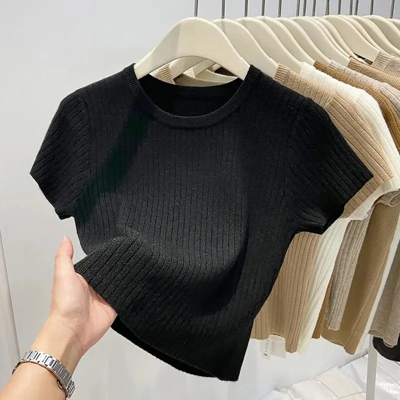 2023 HOT Summer Women Sweater O-neck Short Sleeve Tshirt Korean Fashion Knitwears Slim Fit Pullovers Bottoming Shirt Knit Top