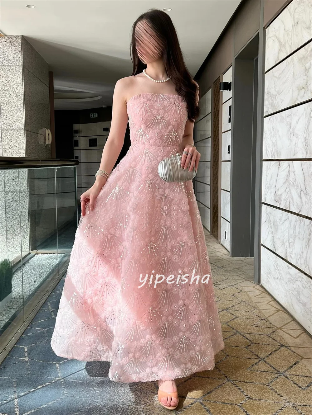 Customized Modern Style Intricate Flower Sequined A-line Strapless Long Dresses Bespoke Occasion Dresses Sizes Available Sexy