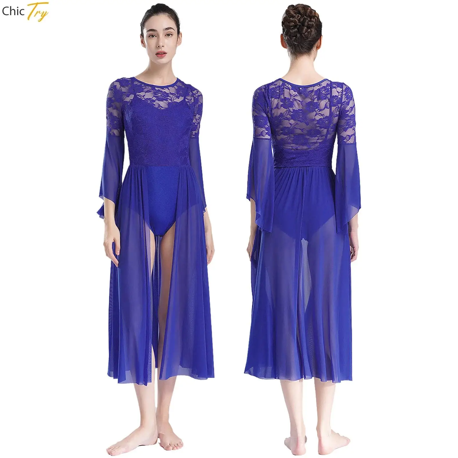 

Women Modern Dance Costume Flared Sleeve Floral Lace Leotard Dress Competition Parties Dance Wear Lyrical Stage Performance