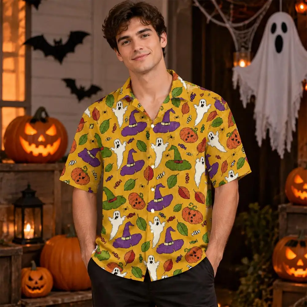Men's Halloween Shirt Short Sleeve Button Down Ghost Pumpkin Witch Print Casual Hawaiian Shirt Unisex Holiday Party Costume