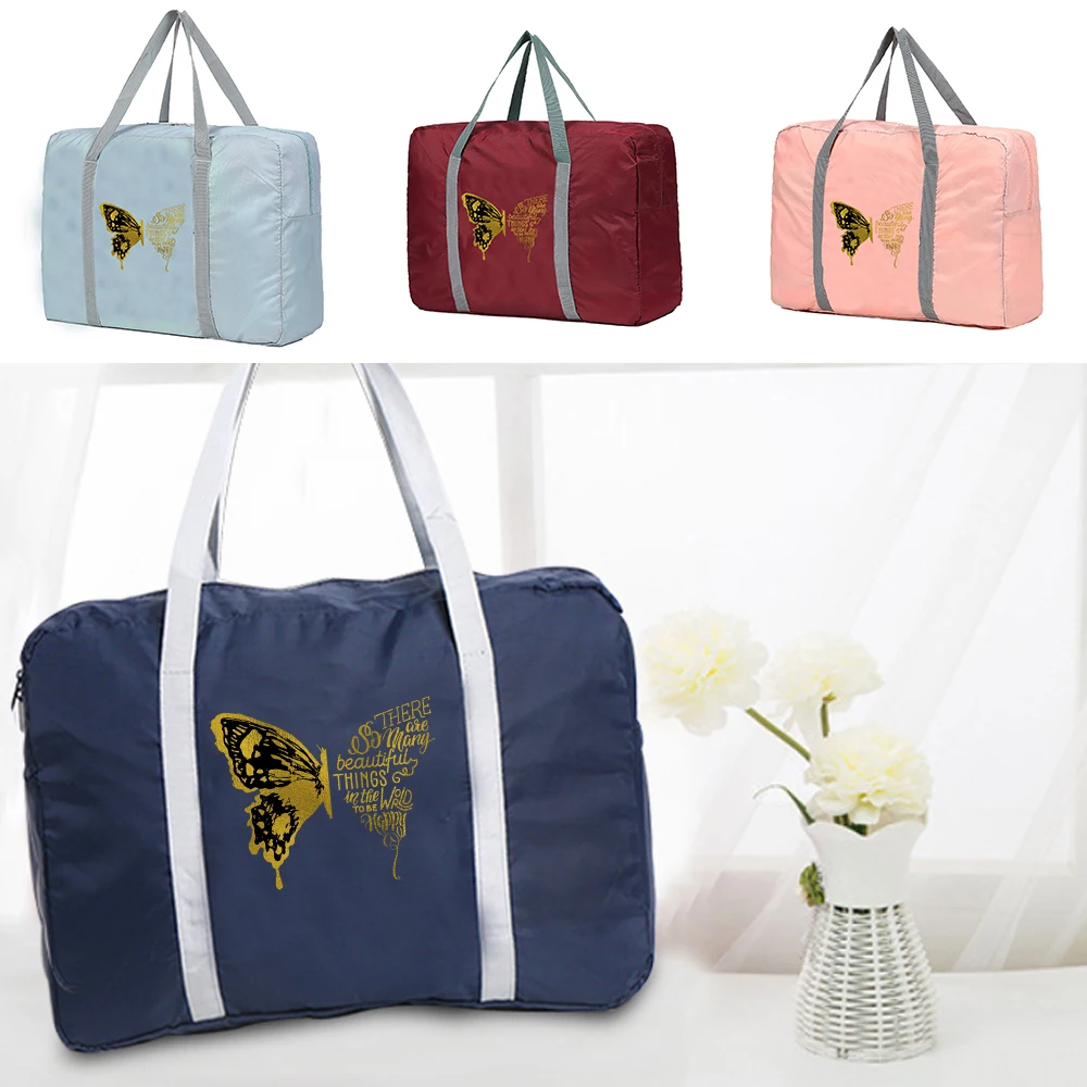 

Foldable Travel Bags Portable Clothing Organizer Women Handbags Butterfly&English Printing Duffle Bag Travel Accessories