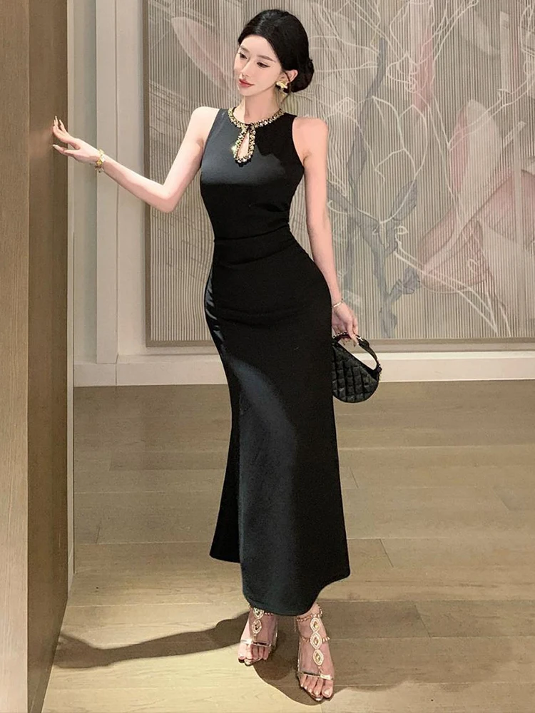 Frauen Kleidung Schwarz Sexy Ärmellose Dünne Kleid Abendkleid Elegante Luxus Dame Party Geburtstag Vestido Lange Robe Casual Sommer