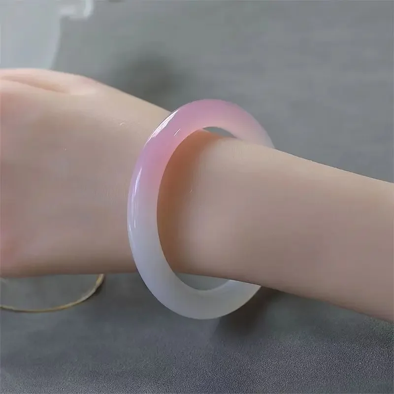 Ice Cherry Blossom Pink Agate Bracelet with Tulip Half White and Half Pink Gradient Color Chalcedony Plump Round Bangle