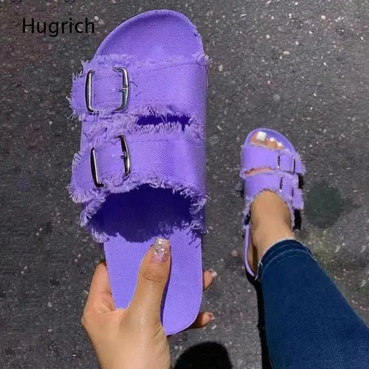 Frayed Edge Canvas Double Buckle Slide Sandals Open Toe Flat Casual Summer Slippers for Women Street Daily Wear